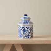 Chinoiserie Ceramic Jar Candle With Lid - Hand-Painted Blue & White Hexagonal Stoneware - Decorative Boho Home & Office Accent - 7" Blue & White