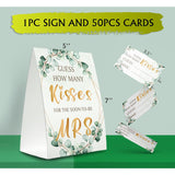 Bridal Shower Game Cards Kit (1 Standing Sign + 50 Guessing Cards),Greenery Golden,Guess How Many Kisses For The Soon To Be Mrs,Bridal Tribe Party - Rh15