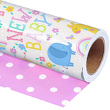 Reversible Baby Shower Wrapping Paper Roll - Mini Roll - 17 Inch X 10 Feet - Cute Animals & New Baby Lettering Design Perfect For Baby Shower, Birthday, Party