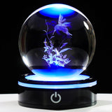 3D Hummingbird Figurine Crystal Ball With Light Base, Hummingbird Gifts For Women Men On Christmas Birthday, 3D Laser Engraved Hummingbird Ornament Glass Decorative Ball For Home Office (80Mm)