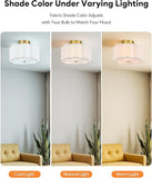 12.6 Inch Gold Semi Flush Mount Ceiling Light 3 Light Flower Fabric Shade Fixture