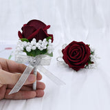 2Pcs Burgundy Rose Corsage And Boutonniere Set, Artificial Wrist Corsage Wristlet Bracelets, Men Boutonniere For Wedding Party Formal Dinner Flowers Accessories Prom Decorations