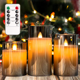 Gray Glass Flameless Candles, Realistic Flickering Led Candles With Remote Control And Timer, Battery Operated Pillar Candle For Party Wedding Christmas Decor, Set Of 3
