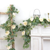 2Pcs 6.56Ft Artificial Eucalyptus Garlands With Flowers, Faux Floral Greenery Garlands White Peony Flower Garland Fake Vines For Wedding Arch Table Runner Party Ceremony Backdrop Decor