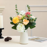 Fake Flowers In Ceramic Vase, Artificial Flowers Indoor With White Vase For Dining Table Décor, Faux Eucalyptus Flowers Arrangements For Bedroom Home Office Plants Floral Decor?Red Brown?