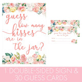 Guess How Many Kisses In The Jar Game - Bridal Shower, Wedding Brunch, Floral Birthday Party Idea (Sign With Cards)