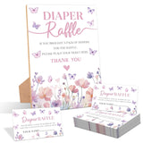 Butterfly Baby Shower Diaper Raffle, Pack Of 1 Wooden Tabletop Sign With Stand And 50 Diaper Raffle Tickets, Purple Butterfly Baby Shower Game, Gender Reveal Party Decorations - Eh12