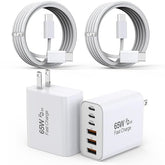 2 Pack 65W USB C Charger Block 6 Port Fast Charging Wall Charger with 6FT USB C Cable for iPhone 17 16 15 iPad