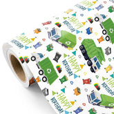 Garbage Truck Wrapping Paper - Mini Roll - 17 Inch X 16.5 Feet - Garbage Truck Happy Birthday Wrapping Paper For Kids Boys, Baby Shower, Car Lover