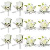 12 Pcs Wedding White Corsage And Boutonniere Set For Bride, Bridesmaid, Includes 6 Artificial Corsage Wristlet And 6 Boutonniere For Men Wedding Wrist Corsage Rose Prom Suit Decorations