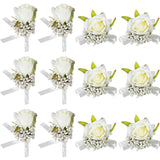 12 Pcs Wedding White Corsage And Boutonniere Set For Bride, Bridesmaid, Includes 6 Artificial Corsage Wristlet And 6 Boutonniere For Men Wedding Wrist Corsage Rose Prom Suit Decorations