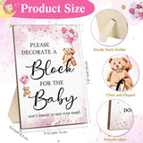 75 Pcs Baby Shower Games Sign Kit Including Decorate A Block Game Sign 50 Diy Blank Wooden Block 24 Acrylic Paint Marker Baby Shower Prize For Winners Gender Reveal, Bear, Pink