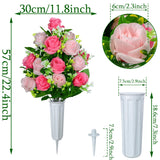 Artificial Cemetery Flowers, Set Of 2 Artificial Rose Bouquet Graveyard Memorial Flowers With Vase For Cemetery Headstones Decoration (Pink-2Pcs)