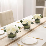 Artificial Peony Silk Flower Centerpieces Faux Floral Arrangement In Glass Vase For Home Wedding Table Decoration (Cream)