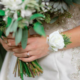 Artificial Flowers White Rose Wrist Flowers And Men'S Corsage Wedding Flowers Ceremony Prom Flower (1 Boutonniere & 1 Wrist Corsage White)