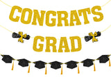 Congrats Grad Banner Sign Glitter Black Graduation Cap with Gold Tassel Garland for Congratulations Graduation Decorations Class of 2026 College High School Graduation Party Décor