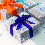 Reversible Baby Boy Wrapping Paper Blue Elephant With Gray Polk Dots Paper For Baby Shower Kids Birthday Party - 17Inch X 394Inch(33Feet)