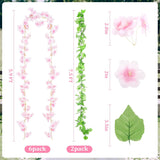 6Pcs 50.5Ft Artificial Cherry Blossom & Grape Leaf Garland Set – Silk Pink Cherry Blossom Vines With Greenery For Wedding, Party, Home Decor