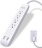 Philips 4 Outlet Power Strip Surge Protector with 2 USB Ports, 4 Ft Power Cord, Designer Braided Extension Cord, Flat Plug Extension Cord, 720 Joules, White, SPC6244WC/37