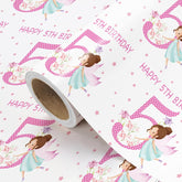 Girls 5Th Birthday Wrapping Paper Roll - Mini Roll - 17 Inch X 16.5 Feet - Girl Fairy Happy 5Th Birthday Wrapping Paper Perfect For Kids Girls, Baby Shower, Party
