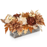 Fake Mums Artificial Flowers In Wood Planter, Faux Mums Potted With Maple Leaves, Peonies, Berries, Fake Fall Mum Floral Arrangement For Table Centerpieces, Faux Fall Flowers For Autumn, Harvest Decor