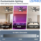 52 Inch Ceiling Fan with Light and Remote Black Dimmable Indoor Outdoor Fan