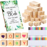 117 Pcs Baby Shower Block Games Sign Kit Including Baby Shower Game Sign 80 Diy Blank Wooden Blocks 36 Acrylic Markers For Guests Party(36 Colors,Leaves)