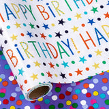 Birthday Wrapping Paper Roll, Happy Birthday Lettering, Stars, & Colorful Dots In Purple, 17 Inches X 32.8 Feet (46.45 Sq.Ft.)