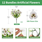 12 Bundles Realistic Artificial Flowers For Outdoor Home Spring Decorations, Faux Pansies Silk Detachable Fake Plants Moldable Eucalyptus Stems For Planters Pot Patio Window Box Cemetery (White)