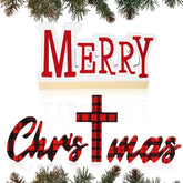 Merry Christ Mas Wooden Table Sign Christian Jesus Christmas Red Nativity Cross Religious Gifts Buffalo Plaid Tabletop Decor Faith Blessed Cross Art Centerpieces For Church Home Room Decor
