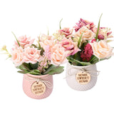 Artificial Flowers With Vase, 2Pcs Pink Silk Roses In Pot, Fake Flowers Bouquet Decoration In Ceramics Vase Faux Floral Arrangement For Table Centerpieces Spring Decor Home Office Farmhouse