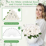 15Pcs White Rose Artificial Flowers With 15Pcs Diamond Pins For Bouquets, Fake Silk Roses Flower For Home Decoration Wedding Party Table Centerpieces