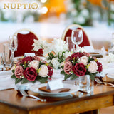 Artificial Flower Centrepieces For Tables - 6 Pcs Burgundy & Dusty Rose & Creamy White Fake Flowers Roses Balls 9.5In Diam - Silk Faux Rose Arrangement For Wedding Party Centerpiece Table Decor