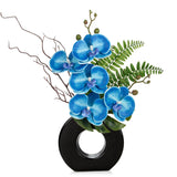 Blue Orchid Fake Flowers With Black Vase, 16.1'' Artificial Orchid Silk Flowers Faux Orchid Arrangement For Home Office Room Table Centerpiece Modern Decoration