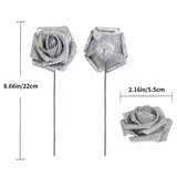 Artificial Flowers 30 Pcs Silver Glitter Foam Artificial Flowers With Stem, Glitter Roses Shiny Flowers For Diy Wedding Bouquets Party Home Decor(Silver)