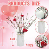 4 Pcs Artificial Valentines Day Flower Picks 12'' Fake Berry Floral Branches With Metal Pot Heart Shaped Stem Branches For Home Wedding Decor
