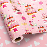 Girls Birthday Wrapping Paper Roll, Pink Gift Wrapping Paper,Metallic Foil Pink Cartoon-Style Birthday Cakes Gift Wrap For Kid Party,Baby Shower,Wedding, Holiday,Christmas(17 Inch X 33 Feet)