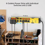 Metal Power Strip 6 Outlets 2 USB Ports Individual Switches 1200J 6FT 15A