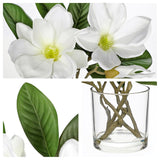 Artificial Magnolia Flower Arrangement In Glass Vase 10'' White Fake Magnolia Silk Flowers With Vase Faux Flower Centerpiece For Home Office Dining Room Table Shelf Decor