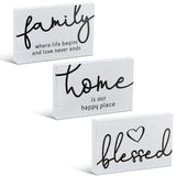3 Pcs Family Home Blessed Rustic Wood Sign Mini Wood Decorative Farmhouse Woodworks Table Shelves Decorations Sign For Bedroom Kitchen Living Room Table Decor(White,4.25 X 2.76 X 0.59 In)