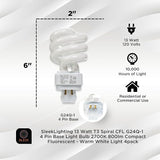 13W T3 Spiral CFL Light Bulb G24Q-1 4-Pin Base 2700K Warm White 800 Lumens 4 Pack
