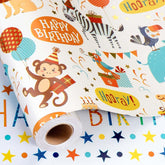 Birthday Wrapping Paper, 17 Inch X 32.8 Feet Cute Monkey Giraffe Animal Themed Balloon Happy Birthday Lettering Gift Wrap For Boy, Girl, Baby Shower, Newborn Celebration