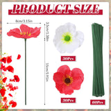 60 Pcs Artificial Silk Poppy Flowers Red, White Fake Poppies Heads Remembrance Memorial Veterans Day Decor Bulk Party Halloween Wedding Bouquet Diy