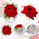 2Pcs Red Rose Corsage Set Pearl Hand Flower Wrist Corsage For Wedding Party Homecoming Ceremony Anniversary Prom Flower Corsages Bridal Bridesmaid Women