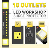 Heavy Duty Metal Power Strip 10 Outlets with LED Work Light Black