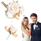 Champagne Corsage And Boutonniere Set For Bride Groom, Artificial Rose Flower Wrist Corsage Bracelets Homecoming Flowers Prom Suit Accessories Boutonniere For Wedding Decorations