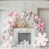 Pastel Pink Winter Balloon Garland Arch Kit 125 Pcs With Light Gray White Silve Snowflakes And Mylar Star Balloons For Winter Birthday Baby Shower 2025 New Year Christmas Anniversary Party Decorations