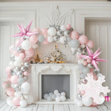 Pastel Pink Winter Balloon Garland Arch Kit 125 Pcs With Light Gray White Silve Snowflakes And Mylar Star Balloons For Winter Birthday Baby Shower 2025 New Year Christmas Anniversary Party Decorations