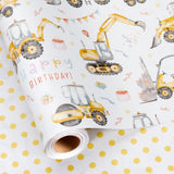Reversible Construction Birthday Wrapping Paper For Kids - 17 In X 16.4 Ft(23.3 Sqft) - Reversible Gift Wrap Paper With Yellow Truck Excavator Digger For Kids Boys Birthday, Baby Shower, Christmas