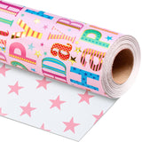 Pink Birthday Wrapping Paper Roll - Colorful Happy Birthday Letters With Metallic Foil Shine & Stars Reversible Gift Wrap For Girls Baby Shower, Party - Mini Roll - 17 Inch X 16.5 Feet